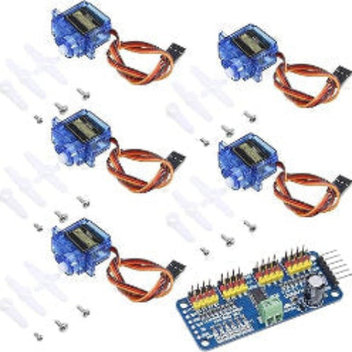 SG90 Micro Servo Motor with PCA9685 16 Channel Servo Motor Driver(Soldered) Combo (5 SG90 Motors + 1 PCA9685 Board)