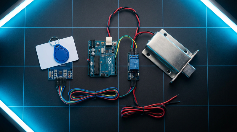 RC522 RFID reader with a card and keyfob, an Arduino Uno, a relay module and a 12V solenoid door lock on a dark workbench