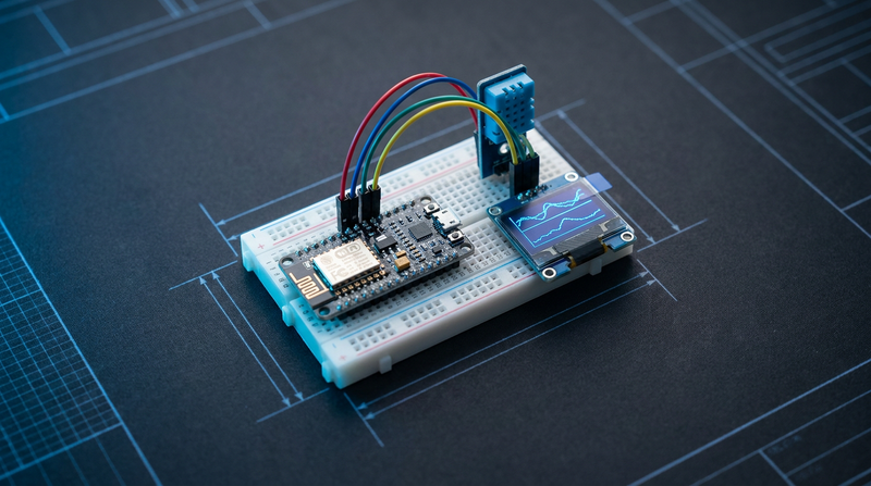 NodeMCU ESP8266 on a breadboard with a DHT11 temperature sensor and a small blue OLED display on a dark workbench