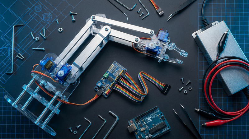 Desktop robotic arm with blue micro servos at its joints, a PCA9685 servo driver with ribbon cable, an Arduino Uno and a bench power supply