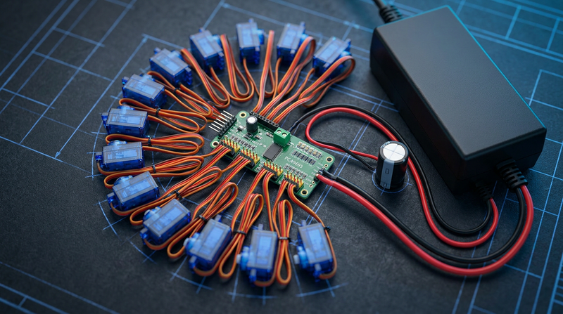PCA9685 16-channel PWM servo driver board surrounded by a dozen blue micro servos with their cables plugged into its headers