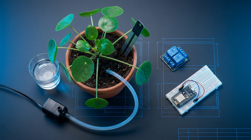 A potted plant with a capacitive soil moisture probe, a small submersible pump with tubing, a relay module and a NodeMCU on a breadboard