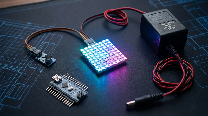 A glowing WS2812 RGB LED matrix panel with a sound sensor module and an Arduino Nano on a dark workbench