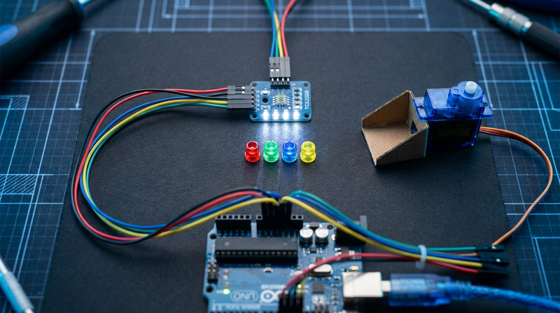 A TCS3200 colour sensor above coloured beads, with a micro servo chute, an Arduino Uno and jumper wires on a dark workbench