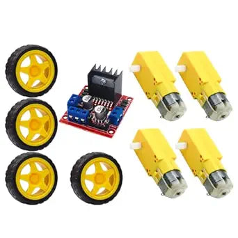 Combo of L298N Motor Drive Controller Kit with BO Motors and Wheels (9 Items)