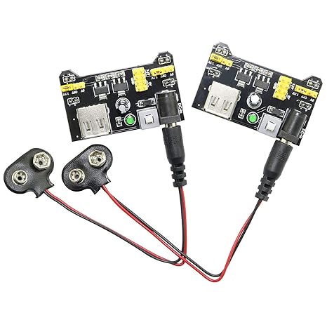 MB102 Breadboard Power Supply Module and 9v Battery Clip with 2.1mm X 5.5mm Male DC Plug Assortment Kit for Arduino - (Pack of 2)