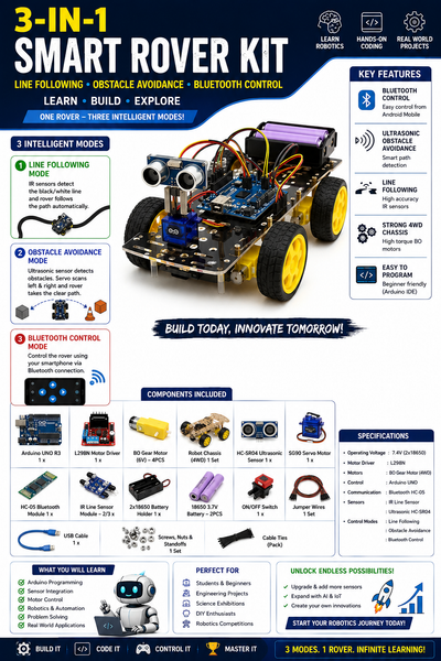 3-IN-1 Smart Rover Kit - Line Following, Obstacle Avoidance & Bluetooth Control (Arduino)