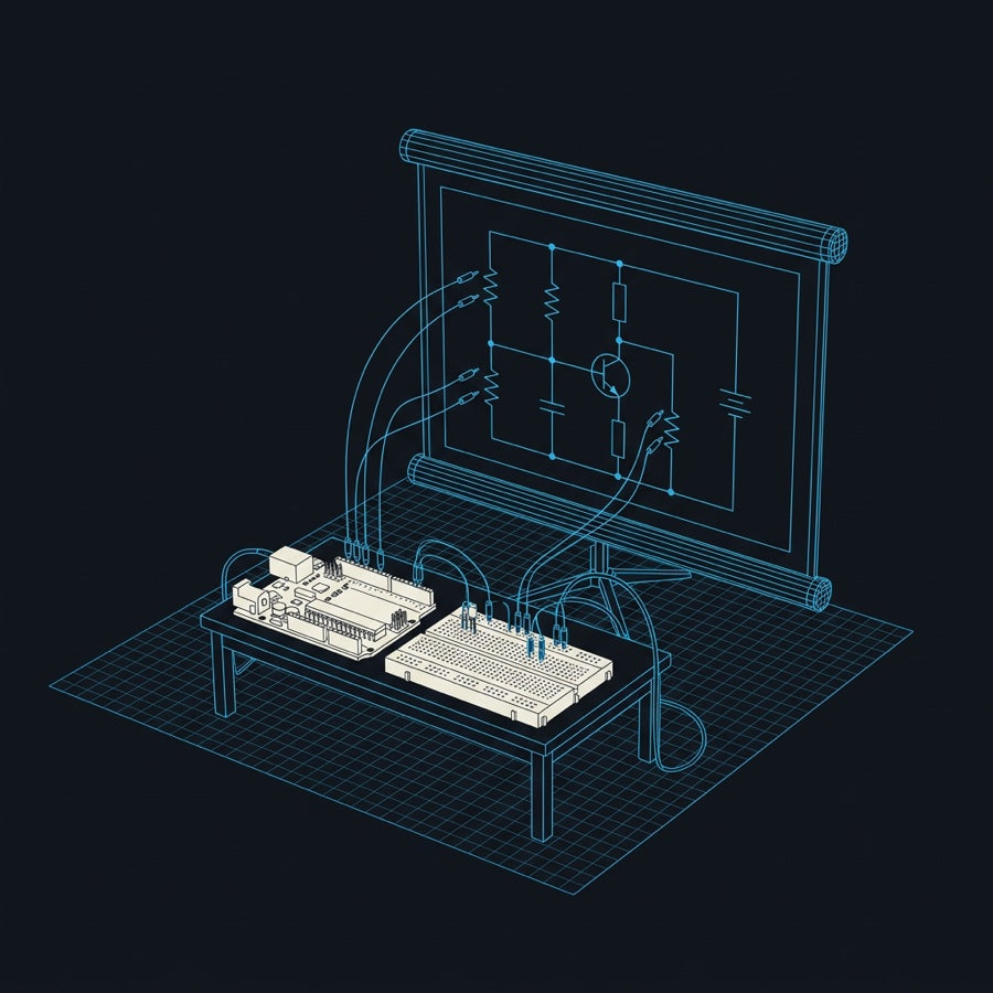 Blueprint illustration of a lesson screen showing a circuit, with a development board wired up on the bench in front