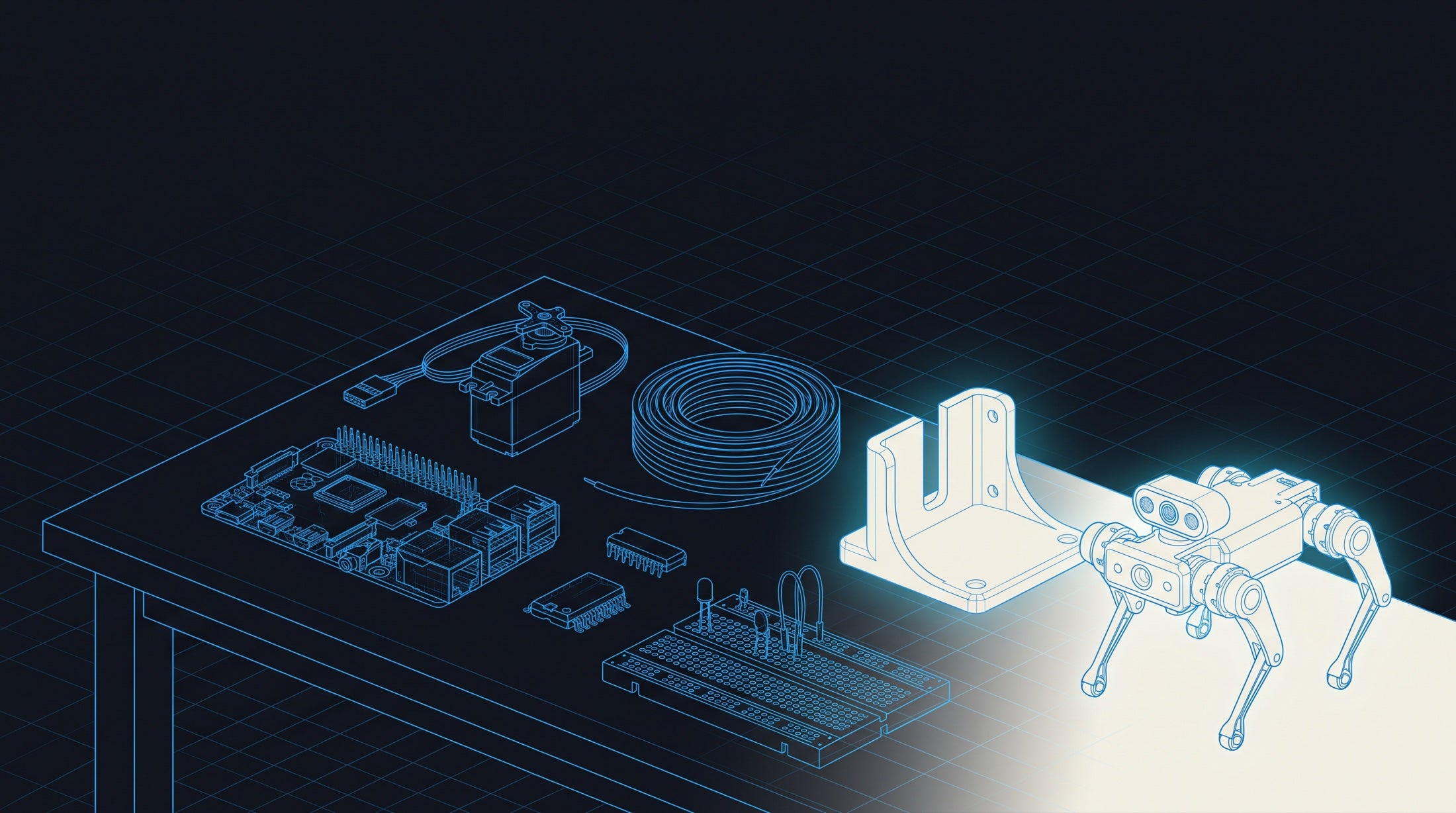 Blueprint illustration of a workbench of electronic components resolving into a finished robot