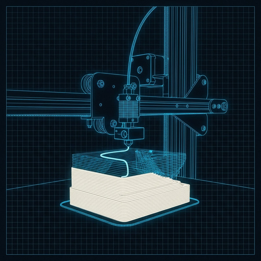 Blueprint illustration of a 3D printer nozzle laying down a printed part