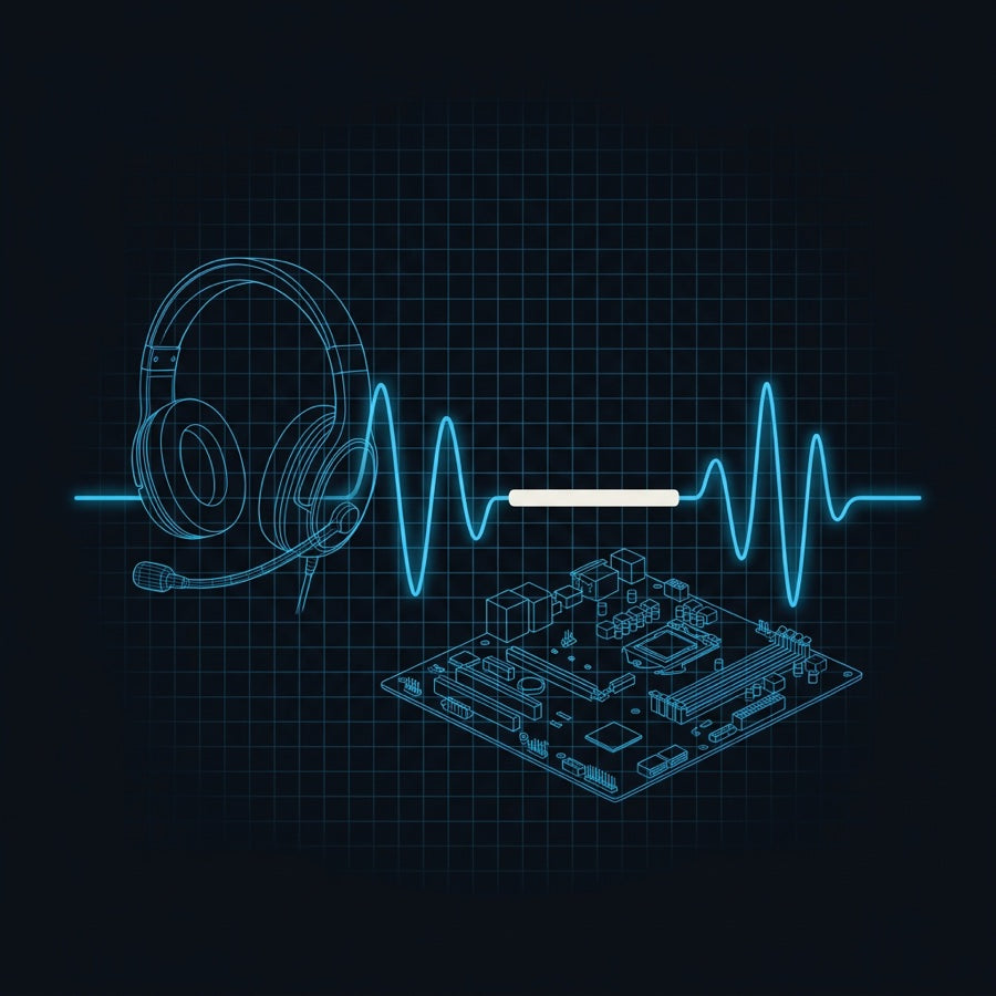Blueprint illustration of a headset beside an oscilloscope waveform