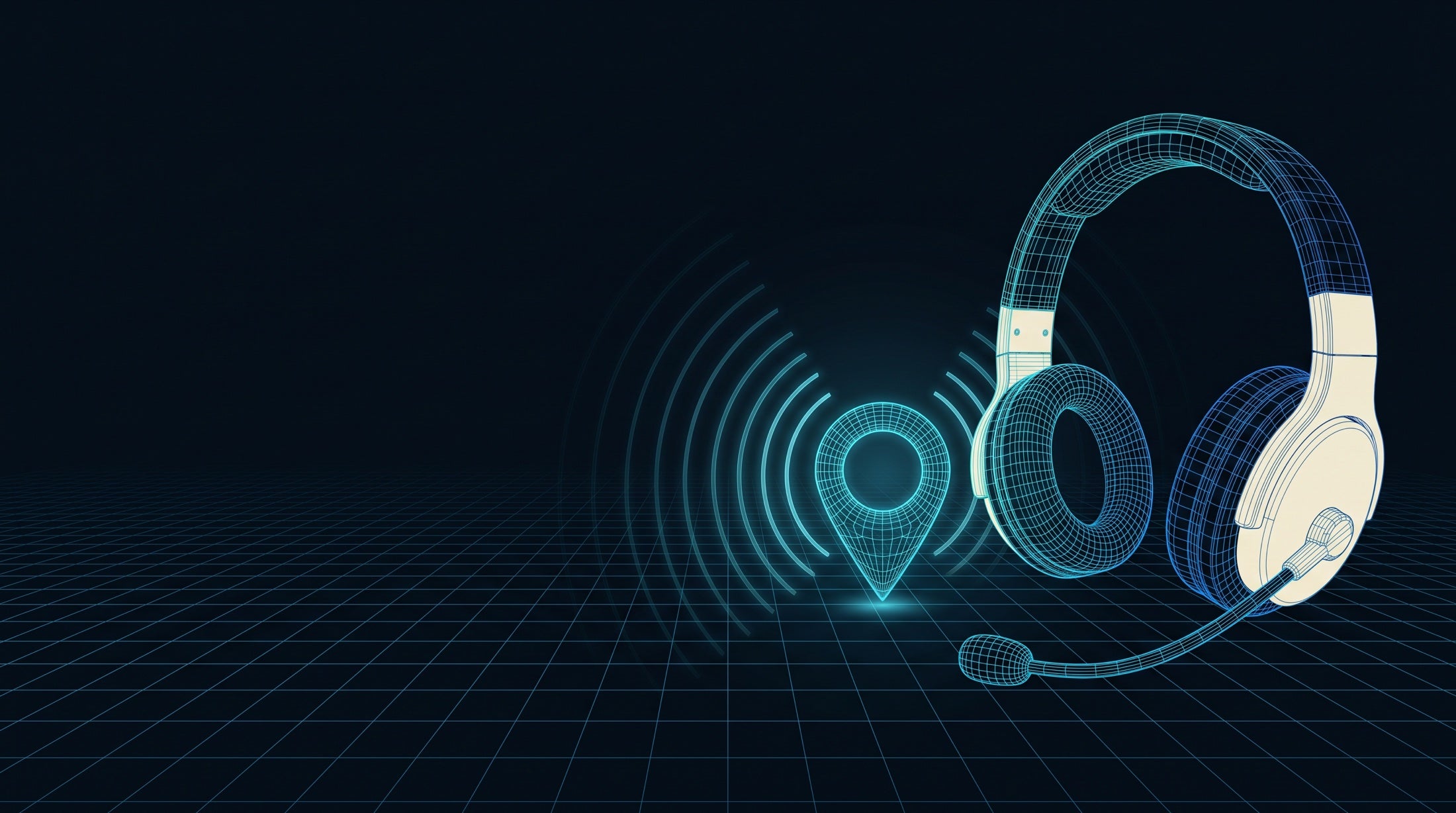 Blueprint illustration of a headset and a location pin with radiating signal arcs