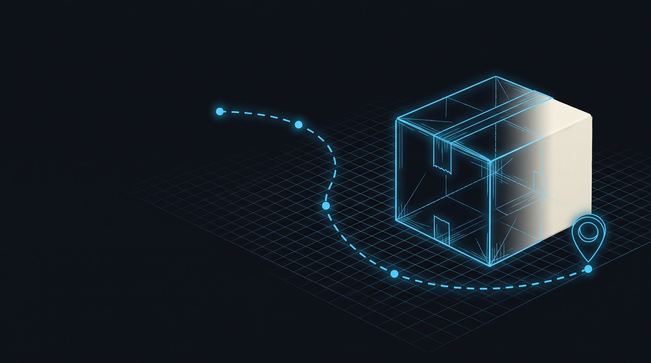 Blueprint illustration of a parcel with a dashed delivery route and a location pin
